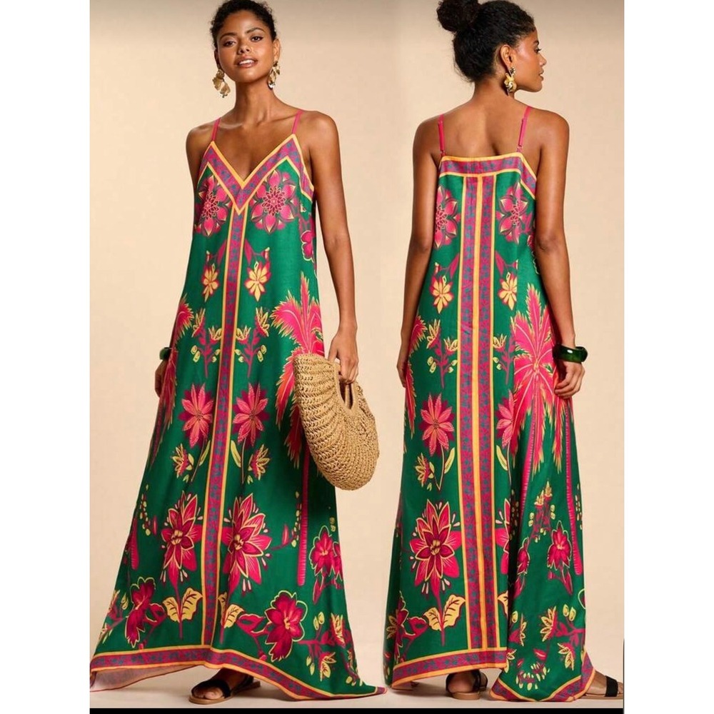 Tropical Green Pink Floral Palm Print Maxi Dress Handkerchief Hem Large - Picture 1 of 10